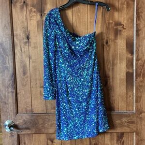 One Shoulder Sequin Dress - Blue and Green